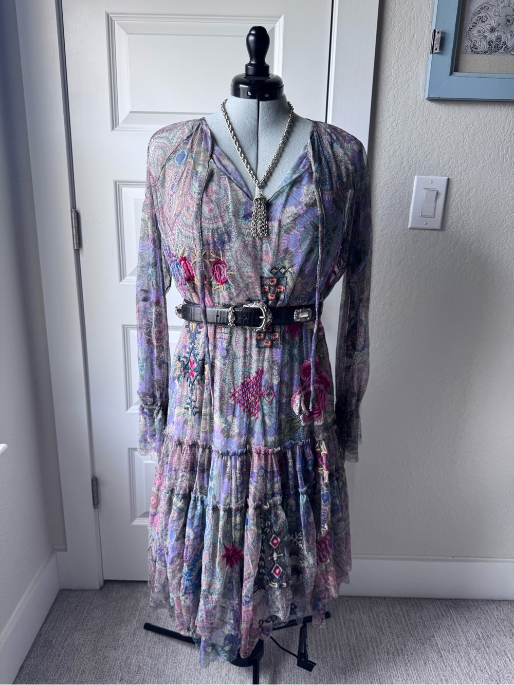 Johnny Was Purple Multi Embroidered Paisley Long-Sleeve Tiered Dress